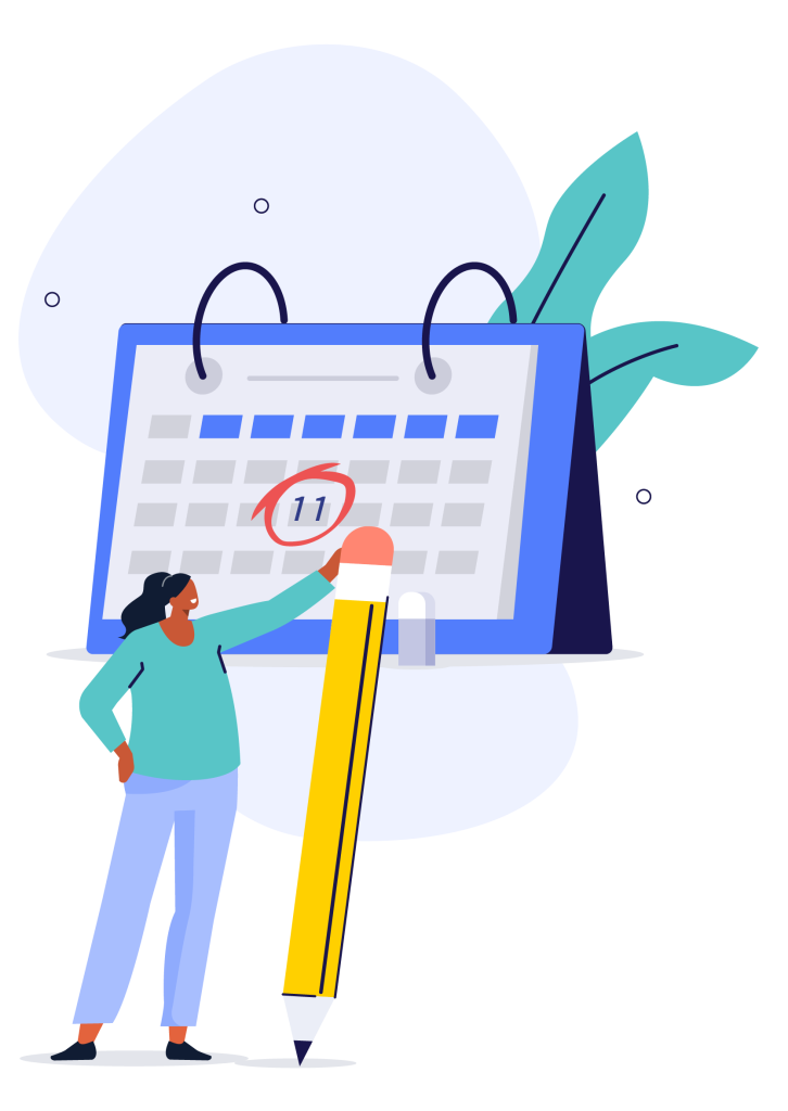 Illustration of a caregiver marking a date on a calendar, representing a more thoughtful and people-focused approach to staff scheduling.