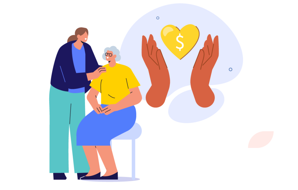 Illustration of a caregiver standing beside an older adult seated on a chair, both smiling warmly. Above them, a thought bubble shows two hands holding a yellow heart with a dollar sign, symbolizing financial support and awareness of compensation options available for family caregivers.
