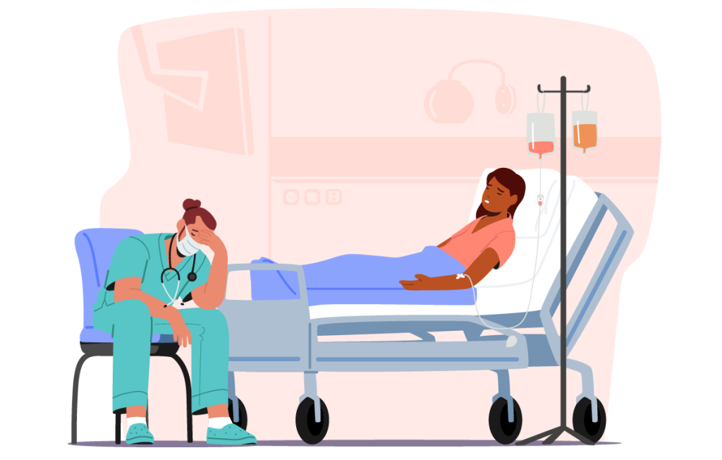 Illustration of a tired healthcare worker sitting beside a hospital bed, head resting on one hand, while a patient lies resting.