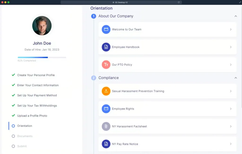 Empeon onboarding dashboard with orientation information for a new hire