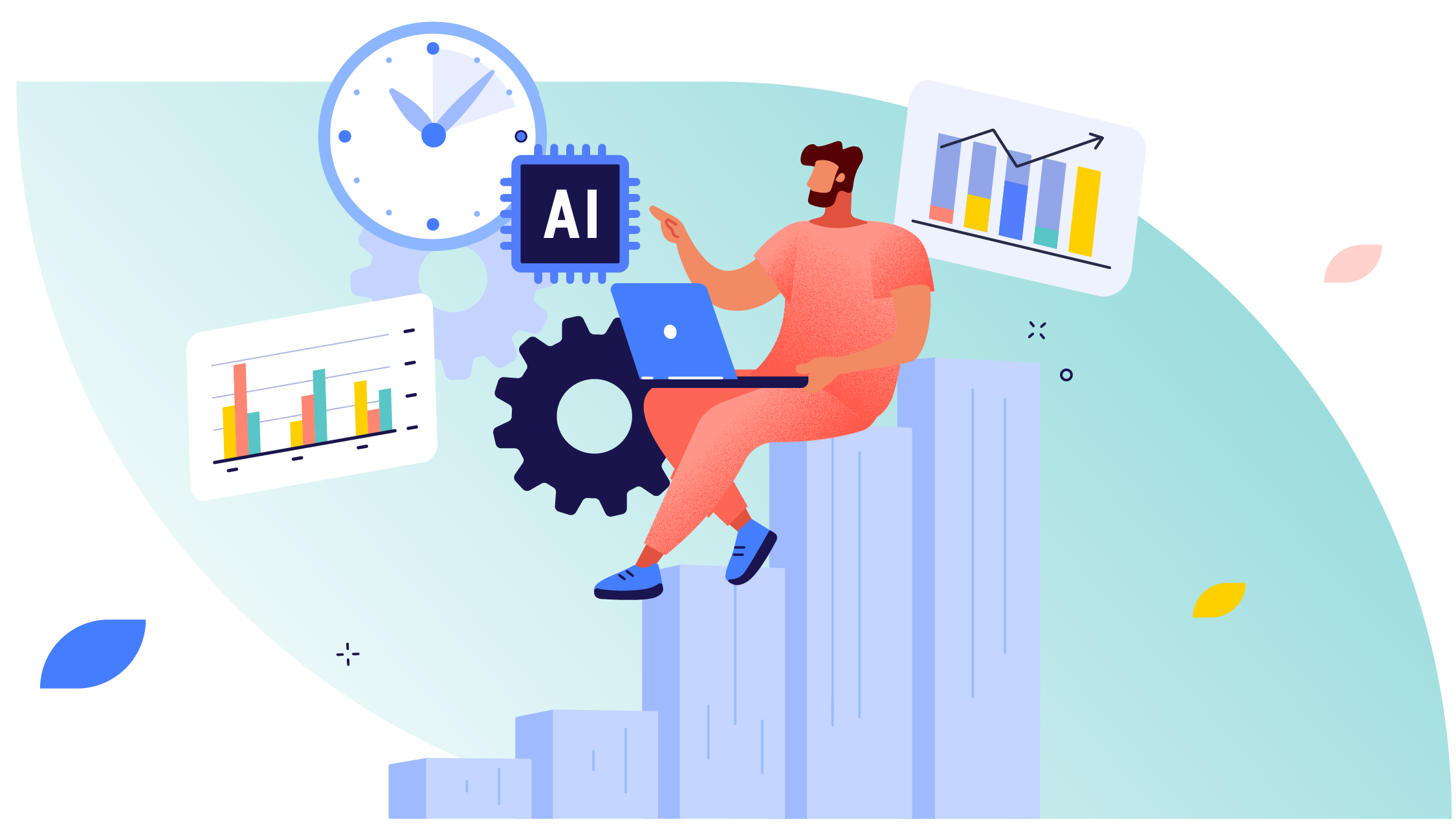 Illustration of a professional using AI and automation tools alongside charts and dashboards, representing how modern technology improves scheduling accuracy, payroll alignment, and operational efficiency.