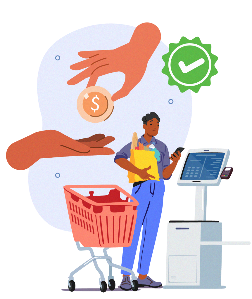 Illustration of a person at a grocery store using earned wage access on their phone, with a green checkmark confirming the transaction and a close-up of hands exchanging money