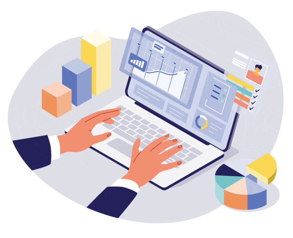 Illustration of a person analyzing data on a laptop with charts, graphs, and checkmarks, representing accurate and well-managed PBJ reporting.