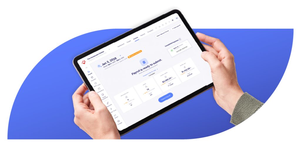 Tablet displaying the Empeon payroll and workforce management dashboard with real-time metrics and reports.