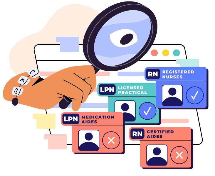 Illustration showing healthcare staff assigned correct and incorrect role codes such as RN and LPN, with some records marked as errors.