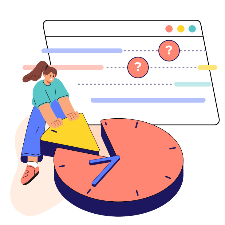 Illustration of a person trying to fit a missing piece into a broken clock, with dotted gaps in data lines behind it.