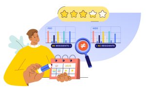 Illustration showing a mismatch between PBJ census (95 residents) and MDS census (92 residents), with a five-star rating partially reduced and a scheduler reviewing a Q1 2026 calendar.
