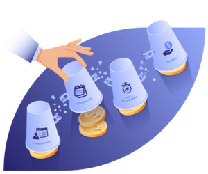 Illustration of disconnected workforce management systems in healthcare, showing onboarding, scheduling, time and attendance, and payroll as separate modules with hidden costs beneath them.