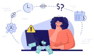 A worker reviews a broken scheduling system as money slips out, with icons for time, staffing, and labor costs around her.