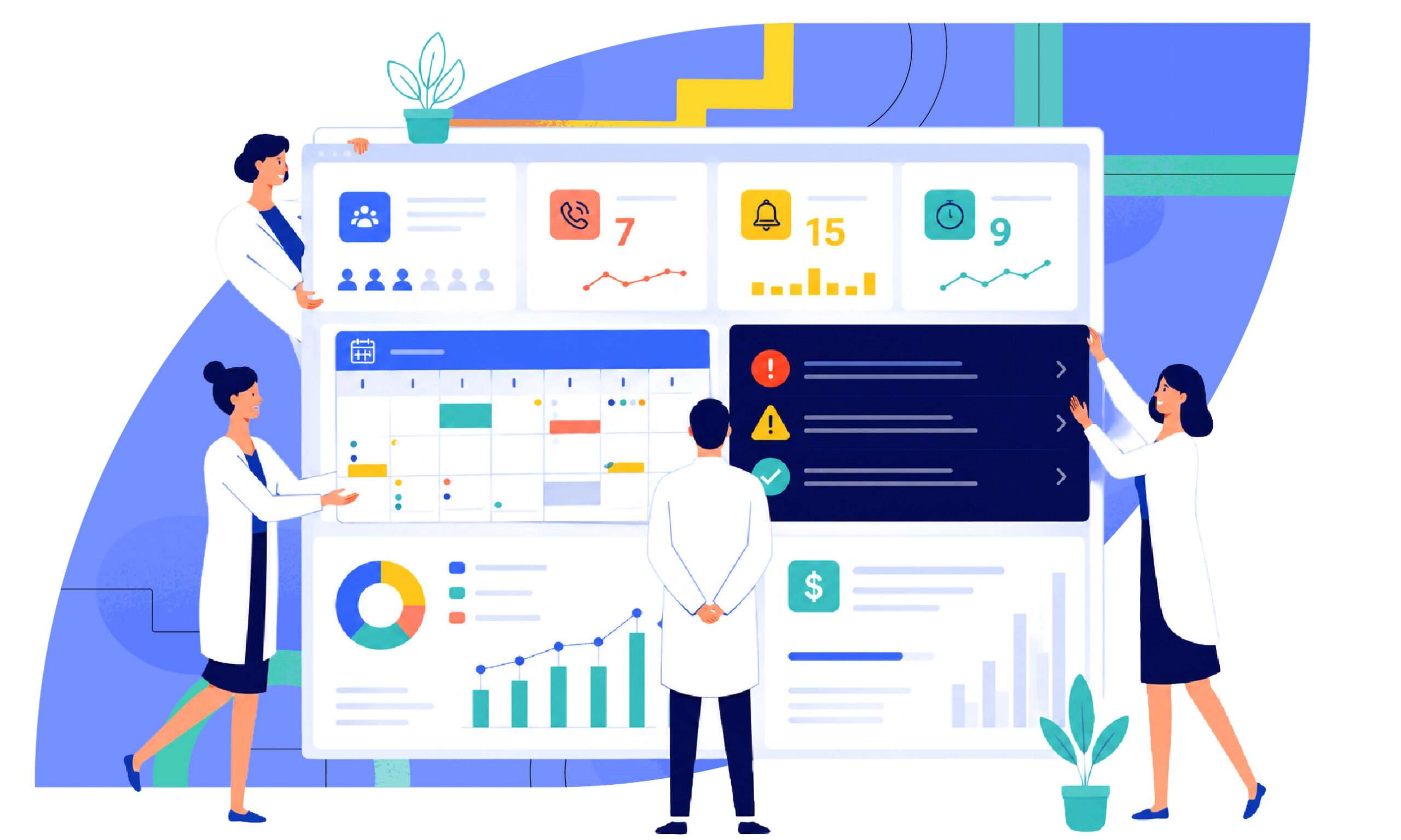 Healthcare workforce management dashboard displaying scheduling, attendance, payroll, compliance alerts, and workforce analytics.