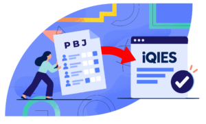 Illustration of a payroll professional moving a PBJ file toward iQIES, with a red arrow highlighting the transition.