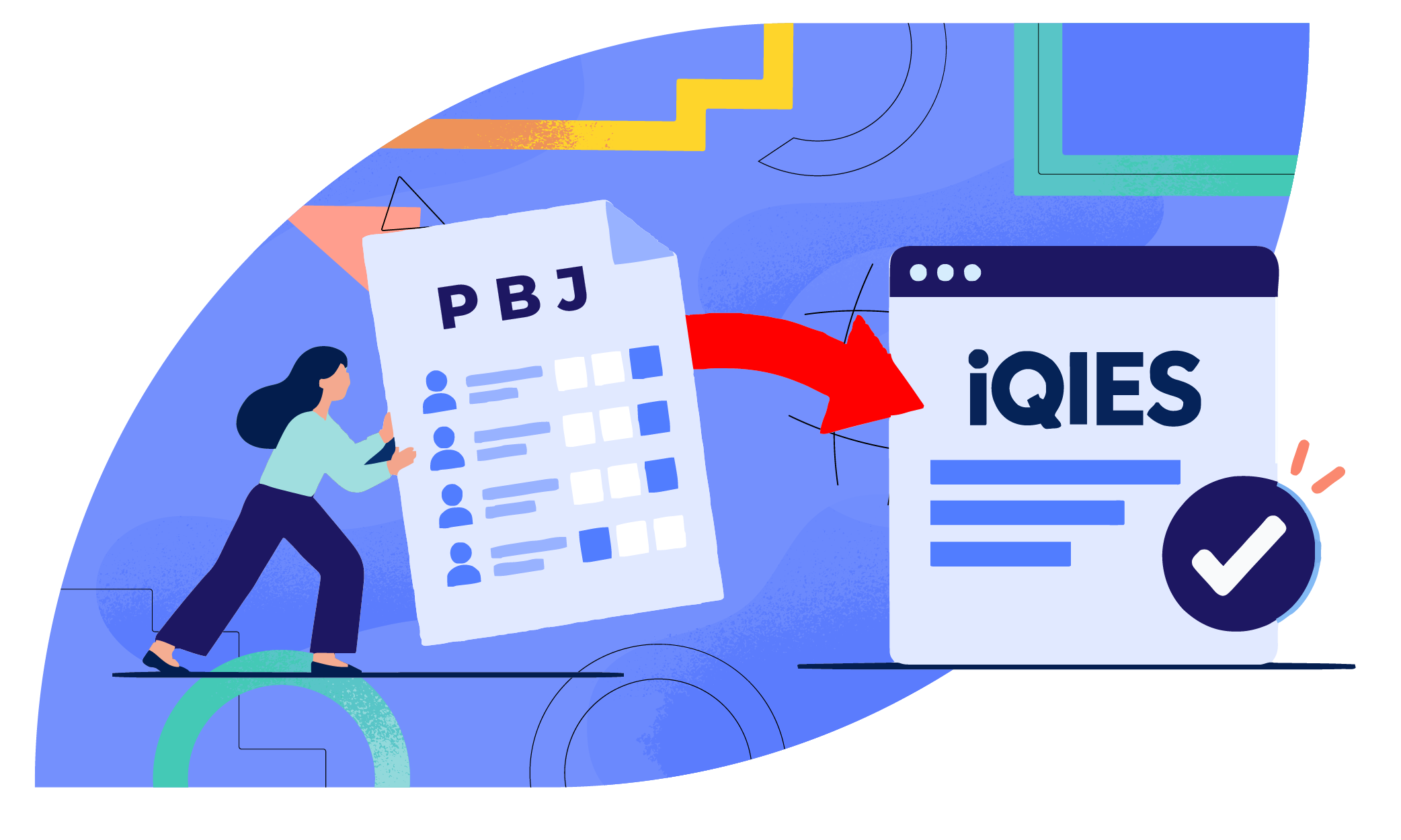 Illustration of a payroll professional moving a PBJ file toward iQIES, with a red arrow highlighting the transition.